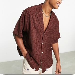 ASOS DESIGN Medium Boxy Oversized Cotton Shirt Brown Jacquard